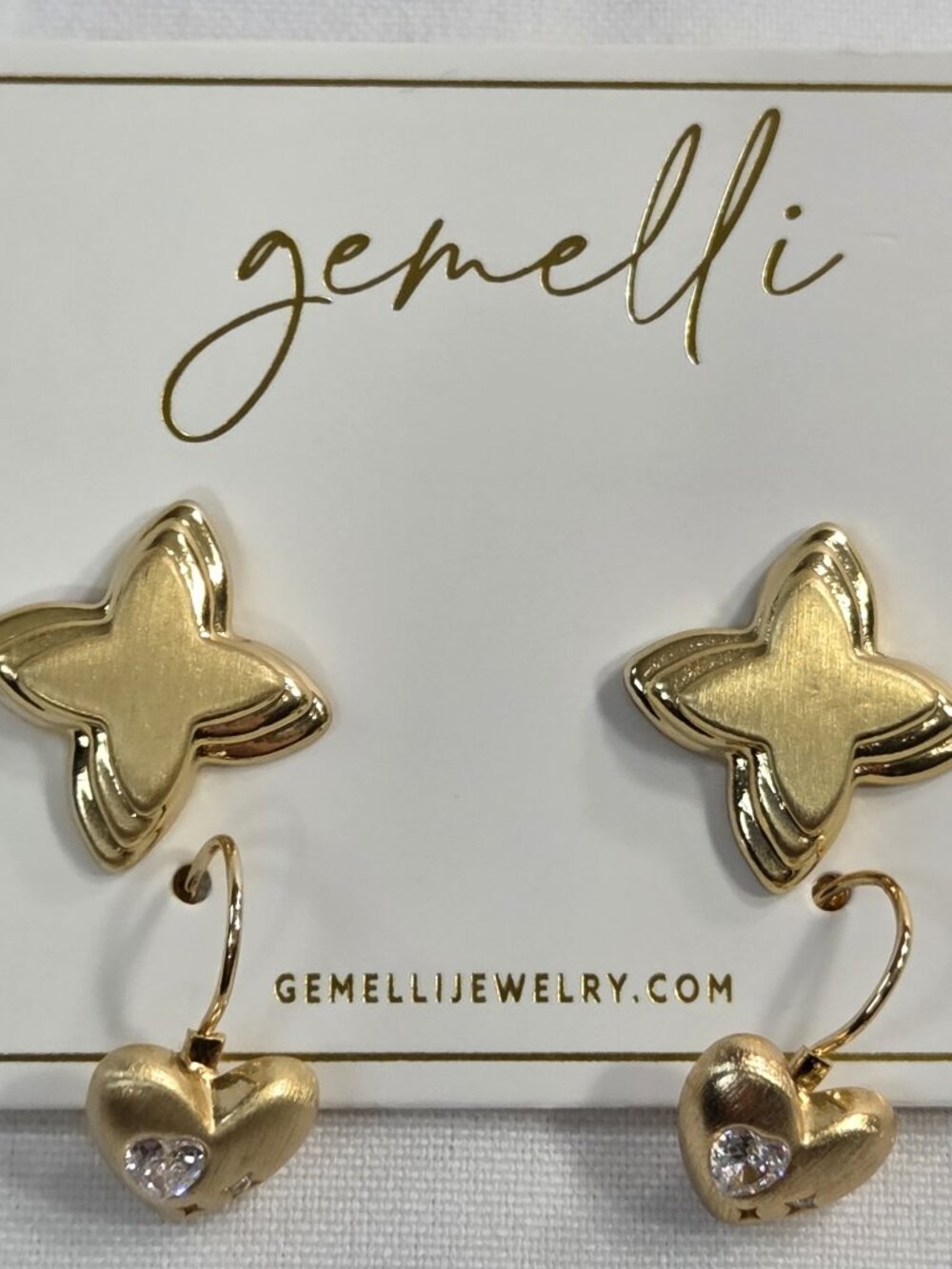 Gemelli Gold Flower Heart Dangle Earrings CZ Crystal Accents Brushed Statement